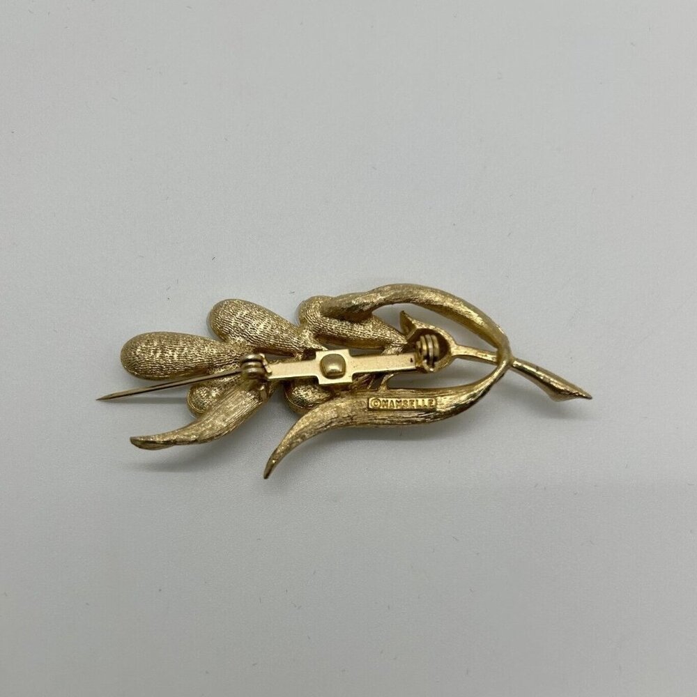 Mamselle Floral Brooch Faux Pearl Freesia Gold-Tone Leaf Finish Vintage Jewelry - Picture 4 of 10
